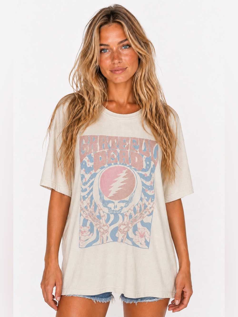 American Eagle Grateful Dead Steal Your Face Graphic Tee XS S Oversized Cream